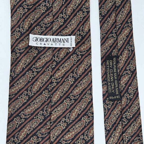 GIORGIO ARMANI CRAVATTE SILK TIE BROWN BLACK PAISLEY PIXEL STRIPE SATIN 4" X 57" - Picture 3 of 3